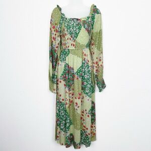 Easel Dress‎ Womens Small Green Peasant Patchwork Print Midi Boho Resort Hippie